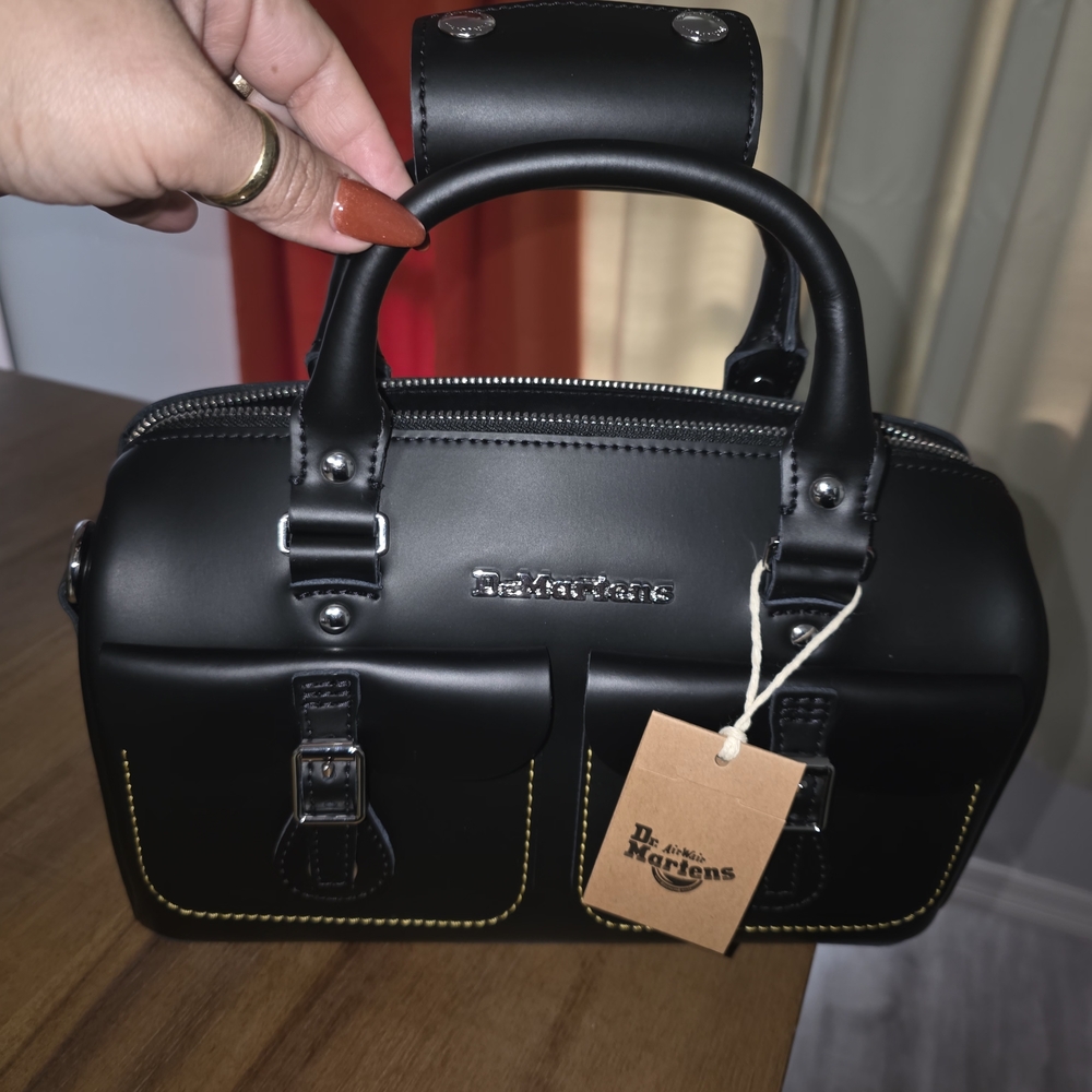 Dr. Martens Black Leather Double Pocket Handbag with Yellow Stitching